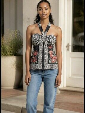 Cache Silk Blend Floral Baroque Halter Top Women's | Small | Black White Red